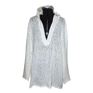 J.Jill Cotton Blend Textured Loose Knit V Neckline Off White Hoodie Sweater XL P